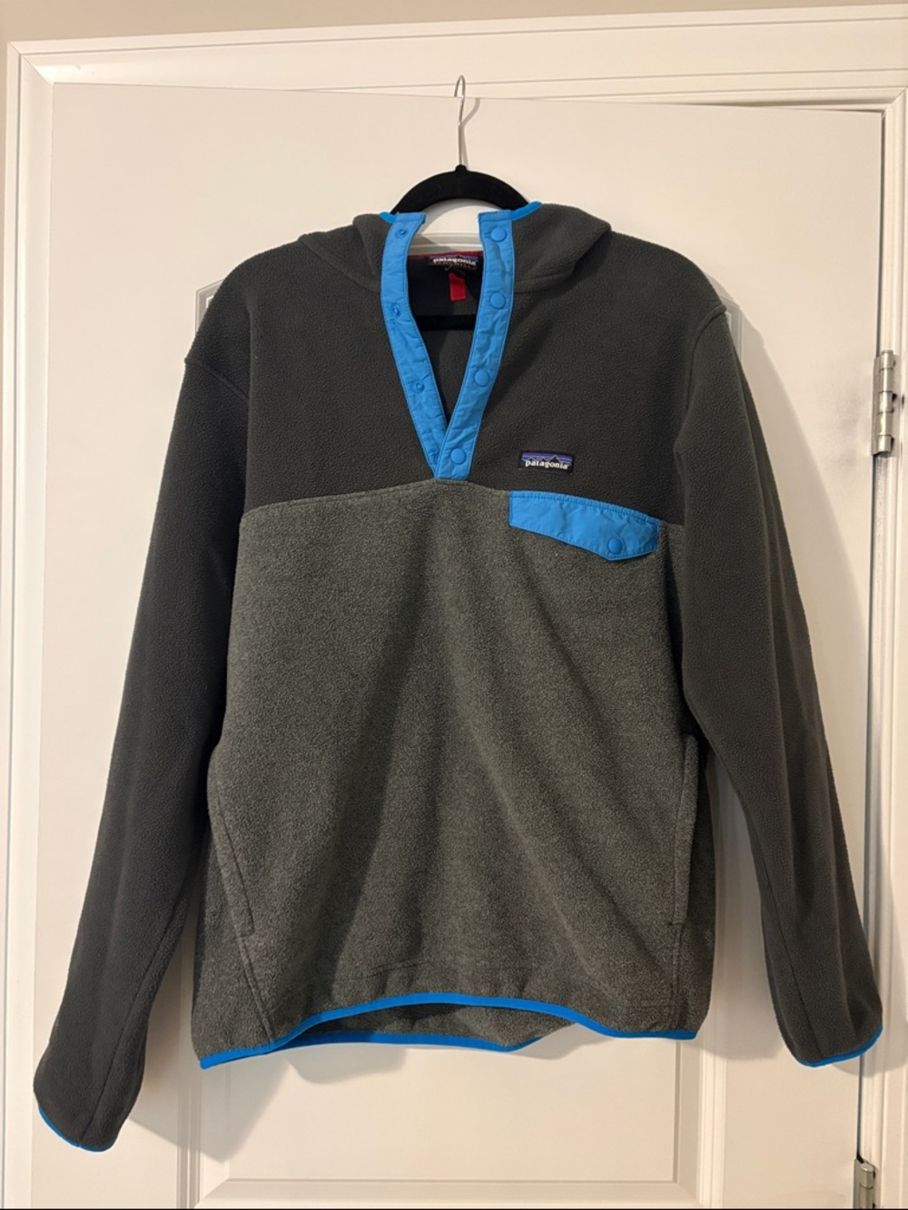 Patagonia Charcoal Fleece Pullover with Bright Blue Accents